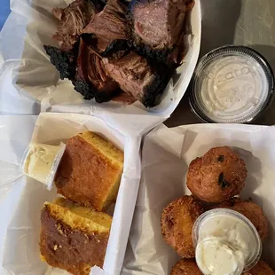 L to R: cornbread, burnt ends, hush puppies