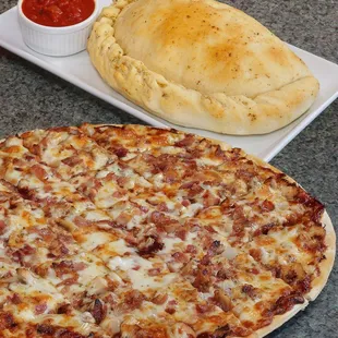 BBQ Chicken Pizza and a Baked Calzone