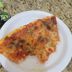 a slice of pizza on a paper plate