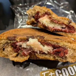 @endoedibles 09/13/24 Fat Cookie - salted chocolate chip cookie, red velvet cookie stuffing, cream cheese frosting