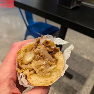 @endoedibles 09/13/24 Fat Sal - Thinly sliced ribeye steak, mozzarella sticks, onion rings, fries, brown gravy, mayo, garlic hero