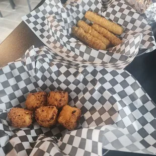 Mac and cheese bites and mozzarella sticks without sauce