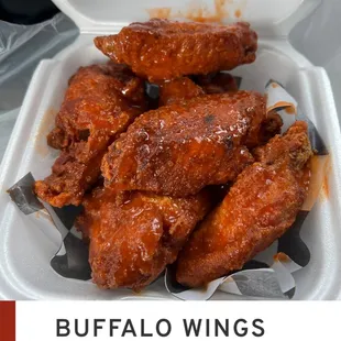 buffalo wings in a styrofoam container