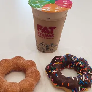 Hazelnut Latte w/Churro and Chocolate Confetti Mochinut