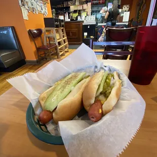 two hot dogs in a basket