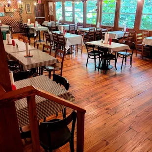 July 2021: The largest of the three dining rooms-- w/ a cool mid-century metal ceiling