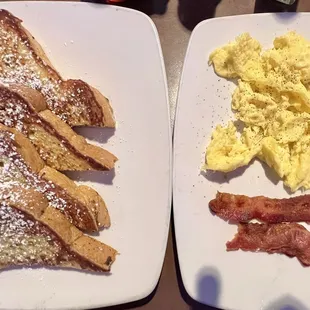 Griddle breakfast with French toast, scrambled eggs &amp; bacon - delicious!