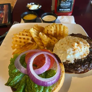 Black and Bleu Burger with Waffle Fries