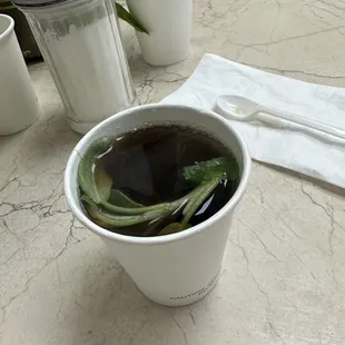 a cup of hot tea with a leaf in it