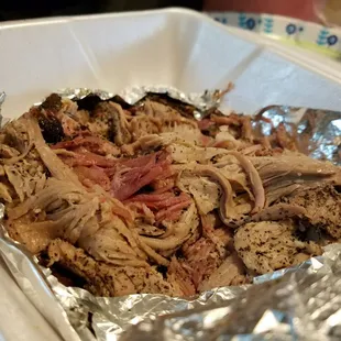 Pulled pork. Oh so good! Hubby ate his Mac and cheese before I could get a pic.