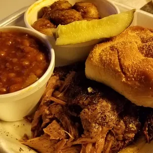 Brisket sandwich, roasted potatoes and baked beans. Yum