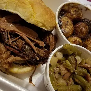 Brisket sandwich, roasted potatoes and green beans. So good!