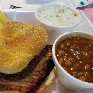 Brisket, potato salad and baked beans. Brisket was very moist. Yum