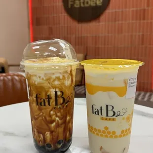 Crème brûlée latte and golden oolong milk tea