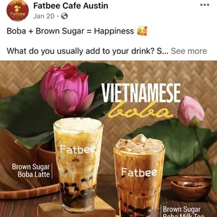 Brown sugar boba milk tea is advertised but doesn&apos;t exist.  Staff claimed both items are the same as brown sugar boba latte.