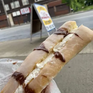 a hand holding a hot dog