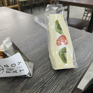 Onigiri on left and fruit sando on right.