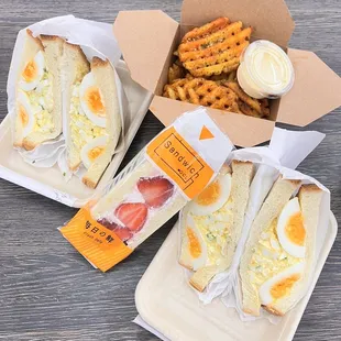 Egg Sando and strawberry Sando with furikaki fries