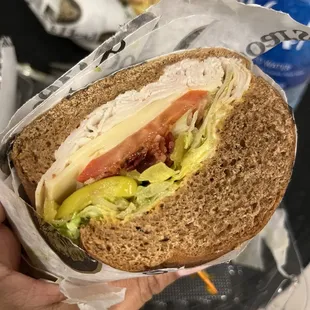 Turkey &amp; Swiss on a toasted wheat roll. Loved it !