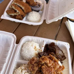 Regular size plates. Garlic chicken/teriyaki beef combo and katsu plate.