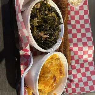 Whiting, Mac and cheese and greens