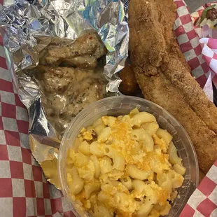 Fried Whiting, Mac N Cheese, Hushpuppies, Garlic Parmesan Wings