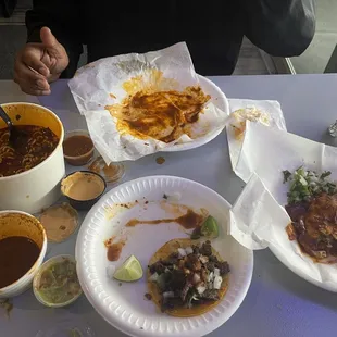 Carne asada street tacos, carne asada mulita, and birria ramen.