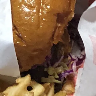 Pulled Pork on soft biscotti buns with slaw and onion straw