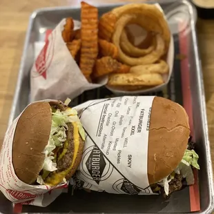 Turkey Birger with sweet potato fries and a Large Burger with everything on it. Also Coconut Jerk wings.