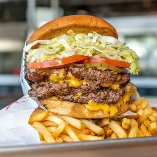 a hamburger and fries