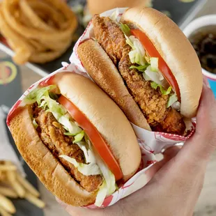 a hand holding two burgers