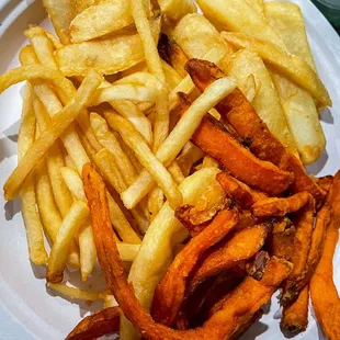 Fries sampler. Fat fries, skinny fries and sweet potato fries. Fat fries was the best!