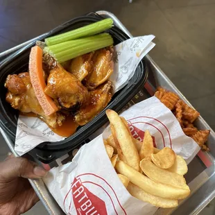 Wings, Fat Fries, and Sweet Potato Fries