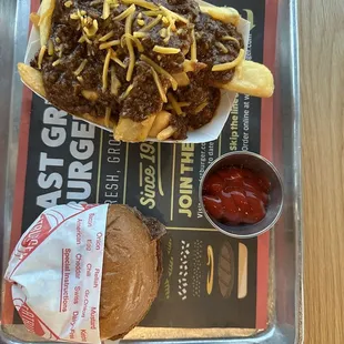 Kids burger with chili cheese fries