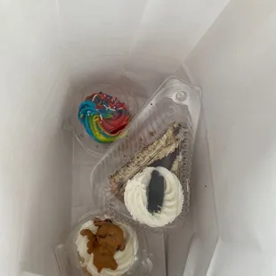 Oreo cheesecake, salted caramel cupcake &amp; vanilla birthday cake cupcake.