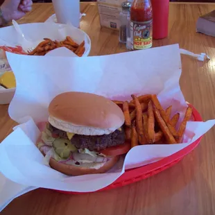 great cheeseburger with sweet potato fries- yum!