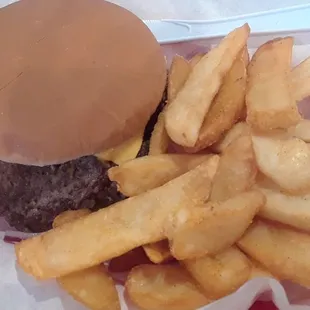 Might cheeseburger with steak fries