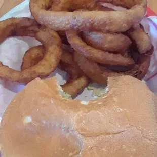 Mighty cheeseburger with beer battered onion rings