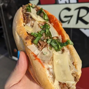 a hand holding a sub sandwich