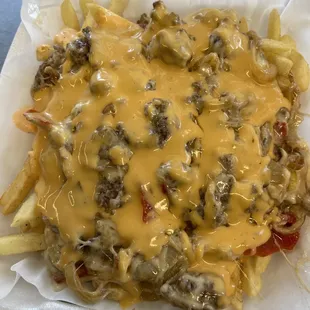 Mr. Banks on fries with jalapeño beer cheese