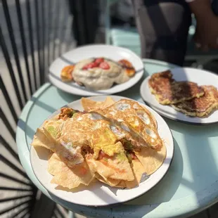 Nachos, Johnny cakes, vegan pancakes