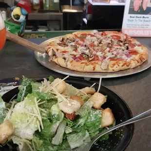 Cesar Salad, pepperoni, Mushroom , onion pizza