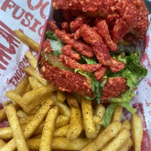 Hot Cheetos burger with fries