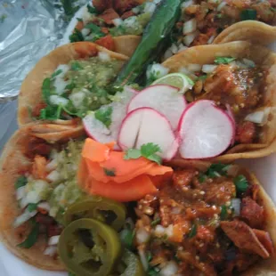 3 carne asada 3 Al pastor with hot salsa !!