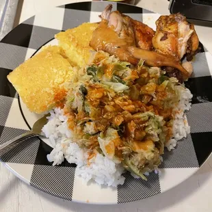 Fried cabbage and rice and cornbread and jerk chicken