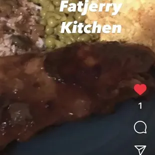 Smothered turkey, wings with potato salad with peas and rice