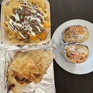 Beef Nachos, Cheese Quesadilla &amp; Chicken Burrito
