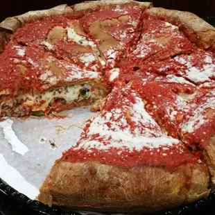 Stuffed Pizza SMOG (Sausage, Mushrooms, Onion, Green Peppers) minus 1 slice