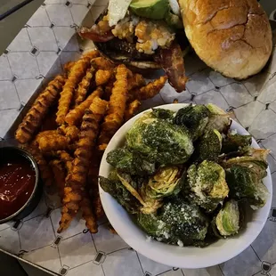 Sweet Fries, Crispy Brussel Sprouts, and maple bacon burger