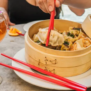 Dim Sum Basket: Shrimp Dumplings, Pork Shu Mei, and Chicken Pot Stickers